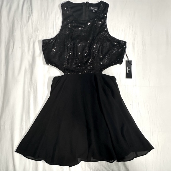 Lulus Life Illuminated Black Sequin Cutout Skater Dress Size L NWT Homecoming - Picture 3 of 13